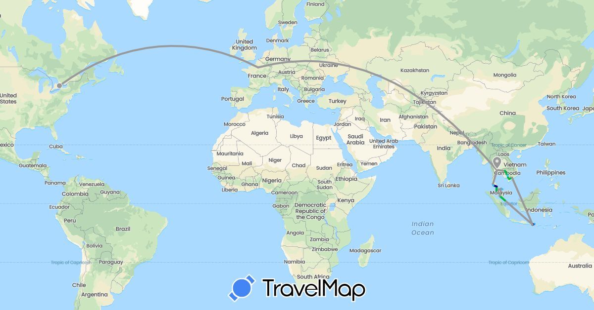 TravelMap itinerary: driving, bus, plane, boat in Canada, France, Indonesia, Cambodia, Malaysia, Singapore, Thailand, Vietnam (Asia, Europe, North America)